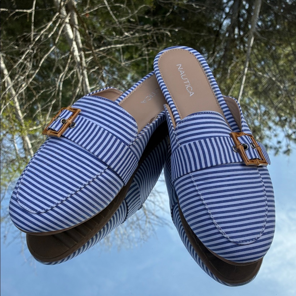 Nautica Blue and White Striped Slip-On Mules with Gold Buckle
